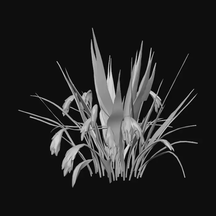 3D model for Low poly rice paddy plant cluster, 6-8 thin green upright blade leaves growing from water, golden grain panicles drooping at the top of mature plants, wet paddy field plant, game-ready asset, stylized, no background