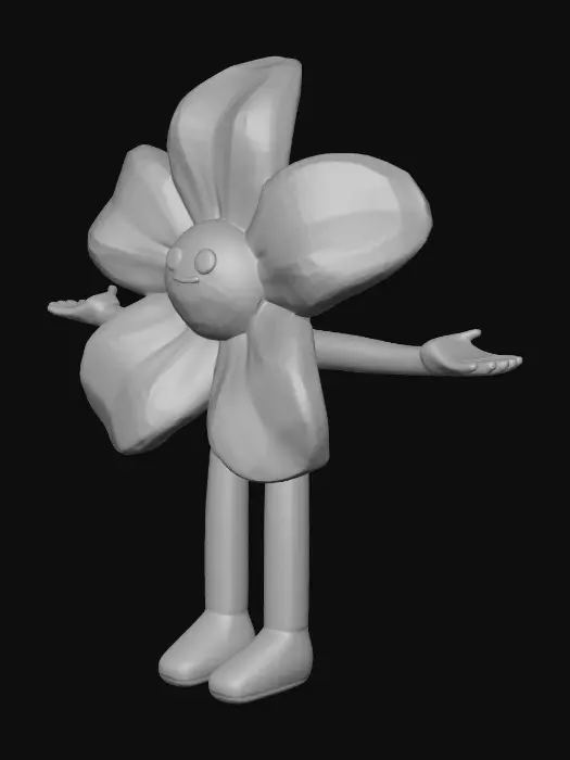 3D model for a cute flower with 2 arms and legs like a human. make it stand normal like a human and put it in a t pose for easy animating
