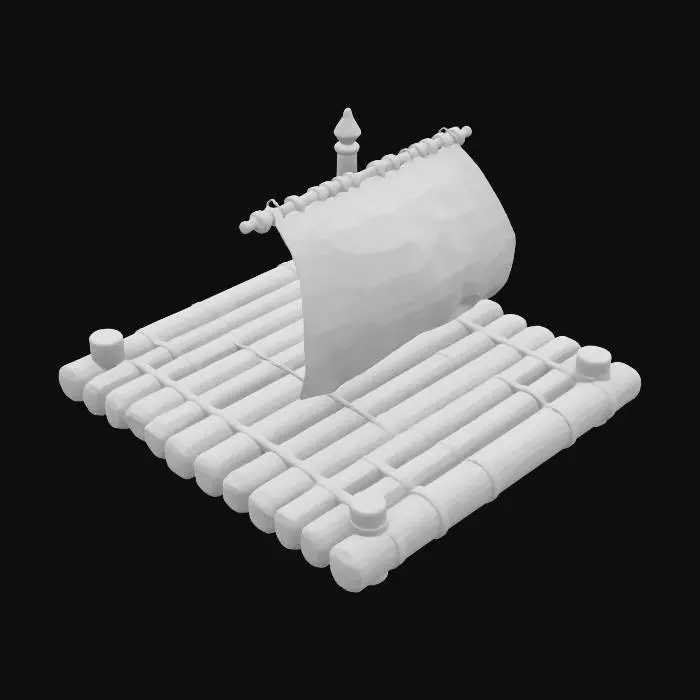 3D model for Create a low-poly 3D model of a small wooden raft, inspired by the raft in the game Krew.io. The raft should be built using rectangular wooden planks arranged side by side to form a flat base. Add four small upright log posts on each corner, with basic rope lashings. Place a single central mast made of a vertical wooden pole, supporting a slightly curved, rectangular white cloth sail. The sail should look wind-filled and be tied with simple rope. The overall style should be simple, game-ready, and optimized for use in online multiplayer games with a cartoony, stylized aesthetic. No high-detail textures, only solid or gradient colors.