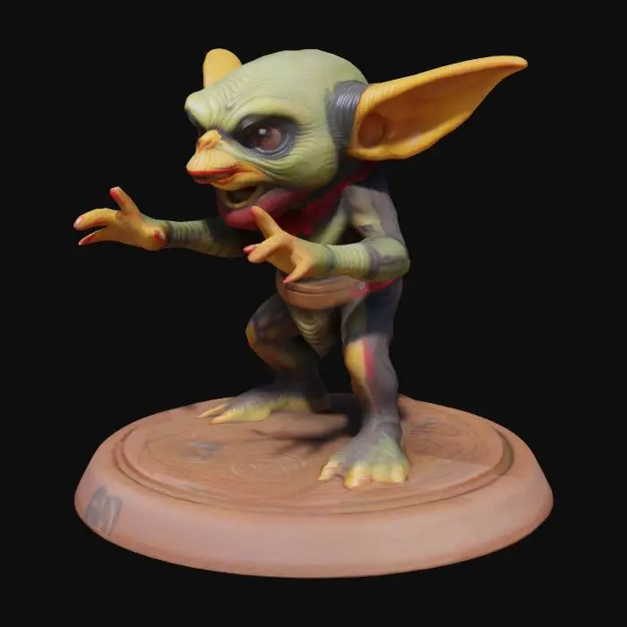 3D model for un action figure di un gremlin in stile anni 80, molto dettagliato, realistico, con base di appoggio rotonda, gremlin in posa classica cinematografica, horror, oggetto da collezione, oggetto cult, perfettamente texturizzato, colori classici anni 80