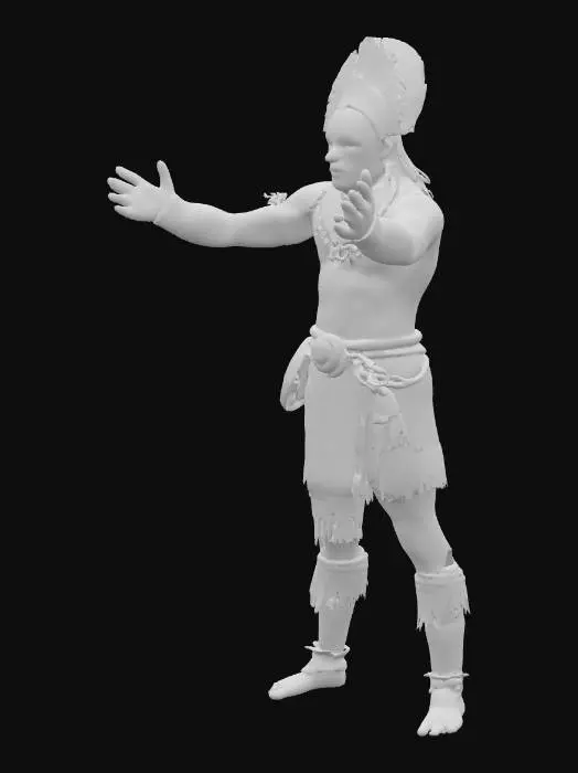 3D model for Create a character, indigenous, from the ecuadorian "shuar" culture, he is a warrior, he is approximately 25 years old, he is facing forward, he will be a character model for a 3D game, and use a color palette, yellow, red and blue.

