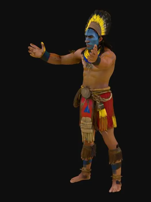 3D model for Create a character, indigenous, from the ecuadorian "shuar" culture, he is a warrior, he is approximately 25 years old, he is facing forward, he will be a character model for a 3D game, and use a color palette, yellow, red and blue.
