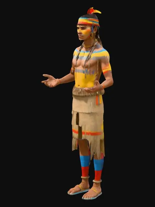 3D model for Create a character, indigenous, from the ecuadorian "shuar" culture, he is approximately 25 years old, he is facing forward, with a shuarnum in the head, he will be a character model for a 3D game, and use a color palette, yellow, red and blue.
