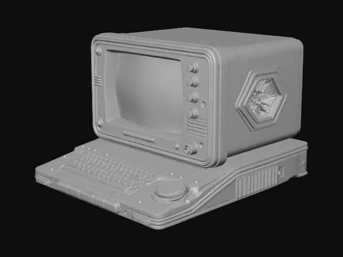 3D model for Retro-futuristic desktop command terminal (not tower), 120cm W x 80cm H x 60cm D. Rectangular chassis with 45° chamfered corners, layered silhouette: top CRT/LCD + upper control panel + main body + base feet/cooling. Screen: subtle curved CRT (or thin LCD with thick vintage frame), 60% front width, tilted 15°, brushed metal bezel (3cm thick), dark glass with faint green reflection + micro scratches/scanline texture. Control panel: left status LEDs (PWR/NET/HEAT/ERR) + 10-segment load bar; center 3 big backlit buttons (BOOST/STEALTH/EMERGENCY), 2 knurled aluminum knobs (MODE/PRIORITY), linear slider (80mm) with internal LED strip; right dual 7-seg mini displays + small VU activity bar. Main body: brushed matte metal + black ABS panels, copper/bronze accents, left hex vent + visible heatsink