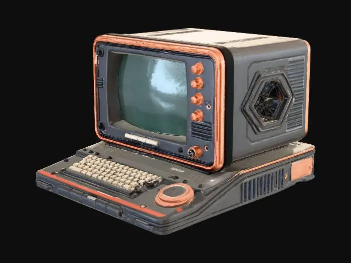 3D model for Retro-futuristic desktop command terminal (not tower), 120cm W x 80cm H x 60cm D. Rectangular chassis with 45° chamfered corners, layered silhouette: top CRT/LCD + upper control panel + main body + base feet/cooling. Screen: subtle curved CRT (or thin LCD with thick vintage frame), 60% front width, tilted 15°, brushed metal bezel (3cm thick), dark glass with faint green reflection + micro scratches/scanline texture. Control panel: left status LEDs (PWR/NET/HEAT/ERR) + 10-segment load bar; center 3 big backlit buttons (BOOST/STEALTH/EMERGENCY), 2 knurled aluminum knobs (MODE/PRIORITY), linear slider (80mm) with internal LED strip; right dual 7-seg mini displays + small VU activity bar. Main body: brushed matte metal + black ABS panels, copper/bronze accents, left hex vent + visible heatsink