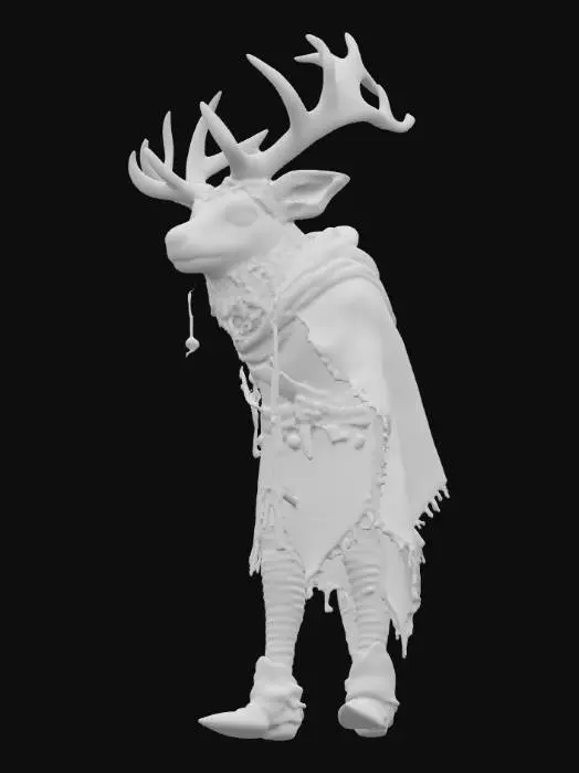 3D model for bana tür olarak geyik olan ve cult of the lamp oynun ana karakteri olan koyun karakterinin tasarım ve çizim tarzına benzer bir şekilde geyiğe uyarla boynuzları gayet heybetli ve hoş dursun üzerindeki kıyafetler orta cağda hapse düşmüş biri gibi olsun karakterin üzerinde sembol yada benzeri işaretler olmasın karakter tatlı değil hırslı bir yüz ifadesine sahip olsun. ekstra olarak detaylara dikkat et küçük detaylar ekle