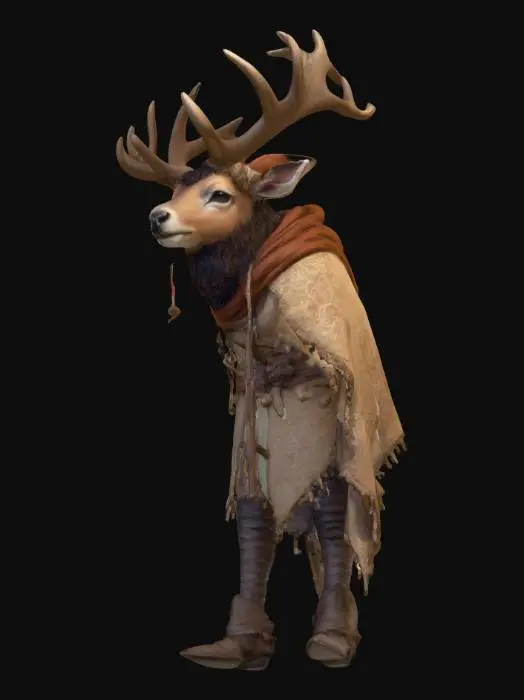 3D model for bana tür olarak geyik olan ve cult of the lamp oynun ana karakteri olan koyun karakterinin tasarım ve çizim tarzına benzer bir şekilde geyiğe uyarla boynuzları gayet heybetli ve hoş dursun üzerindeki kıyafetler orta cağda hapse düşmüş biri gibi olsun karakterin üzerinde sembol yada benzeri işaretler olmasın karakter tatlı değil hırslı bir yüz ifadesine sahip olsun. ekstra olarak detaylara dikkat et küçük detaylar ekle