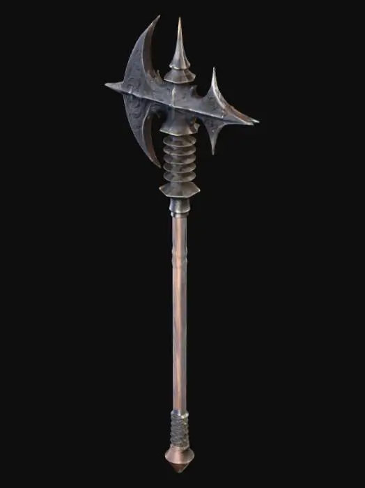 3D model for A medieval Fantasy art styled long mace with multiple spikes in a row with dark metal walls and a small wooden handle Kanubo Japanese Mace Japanese bat