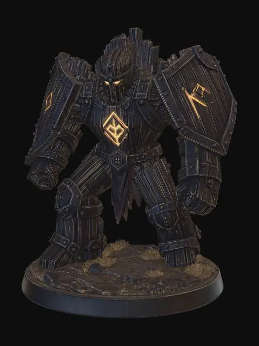 3D model for Wood golem fortress sentinel, hulking humanoid construct made of blackened timber and iron bands, glowing runes in chest, heavy blocky limbs, splintered shield-like shoulders, defensive stance, no background, readable tabletop miniature, fantasy 3D printable model