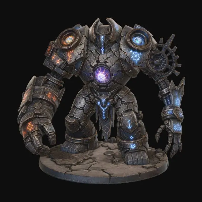 3D model for Incomplete trinity golem, large arcane construct with cracked iron body, unstable elemental core, two active elemental vents for fire and frost with a fractured lightning socket, asymmetrical armored limbs, glowing runes, experimental boss monster, no background, strong tabletop silhouette, 3D printable fantasy miniature