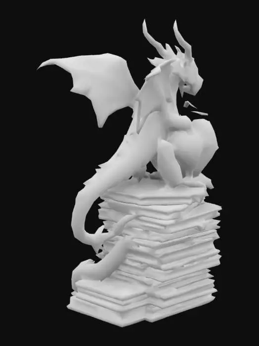 3D model for Shards of Metal scales, the Dragon with a long tail Protecting a barbed wire wrapped Heart. Perched atop a Mountain of Books
