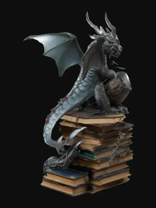 3D model for Shards of Metal scales, the Dragon with a long tail Protecting a barbed wire wrapped Heart. Perched atop a Mountain of Books