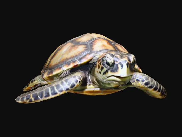 3D model for Create a highly realistic 3D model of a sea turtle with detailed, lifelike textures. The shell should have natural roughness, subtle color variations, and realistic pattern markings. The skin must show fine scales, wrinkles, and natural imperfections. Include detailed eyes with natural reflections. Render the sea turtle in a neutral pose, with accurate anatomy, proportions, and realistic shading. The model should look suitable for close-up inspection, photorealistic, and true to a real ocean sea turtle
