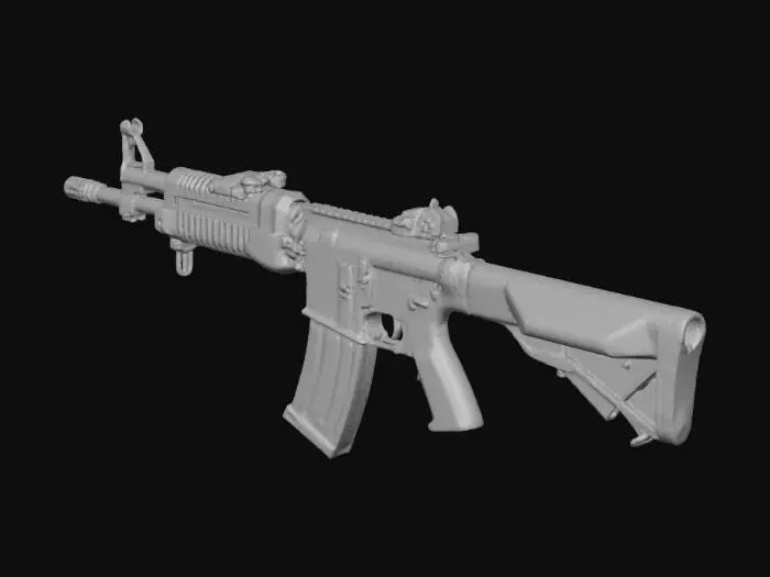3D model for first person shooter view of a detailed modern assault rifle held in human hands, only arms and weapon visible, stylized for a realistic sci‑fi FPS game, clean topology, game‑ready mesh, PBR metal and plastic materials, medium polycount, right‑handed grip, visible trigger and iron sights, neutral idle pose, suitable as a first person weapon model for Unity
