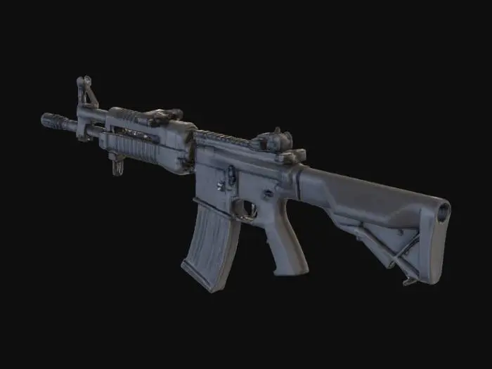 3D model for first person shooter view of a detailed modern assault rifle held in human hands, only arms and weapon visible, stylized for a realistic sci‑fi FPS game, clean topology, game‑ready mesh, PBR metal and plastic materials, medium polycount, right‑handed grip, visible trigger and iron sights, neutral idle pose, suitable as a first person weapon model for Unity