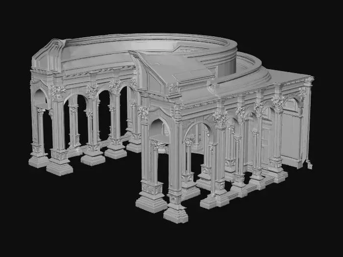 3D model for Elegant white baroque arcade with open circular ceiling revealing soft blue sky and volumetric clouds. Symmetrical classical columns with ornate capitals, intricate carved details, floral reliefs and decorative arches. Smooth polished marble floor with subtle reflections. Upper circular balcony with refined molding and sculpted trim. Bright ivory and soft white tones creating a heavenly, luminous atmosphere.

Natural daylight entering from the open roof, soft global illumination, gentle shadows and light bounce. Clean architectural composition, no furniture, no characters.

High-detail 4K PBR textures, realistic marble materials, subtle surface imperfections, normal maps and ambient occlusion. Game-ready asset, modular sections, optimized topology, clean UVs, LOD levels included, baked lig