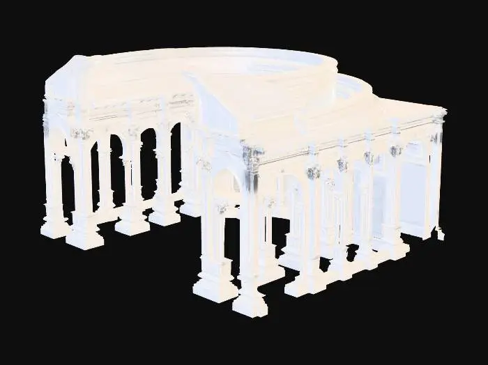 3D model for Elegant white baroque arcade with open circular ceiling revealing soft blue sky and volumetric clouds. Symmetrical classical columns with ornate capitals, intricate carved details, floral reliefs and decorative arches. Smooth polished marble floor with subtle reflections. Upper circular balcony with refined molding and sculpted trim. Bright ivory and soft white tones creating a heavenly, luminous atmosphere.

Natural daylight entering from the open roof, soft global illumination, gentle shadows and light bounce. Clean architectural composition, no furniture, no characters.

High-detail 4K PBR textures, realistic marble materials, subtle surface imperfections, normal maps and ambient occlusion. Game-ready asset, modular sections, optimized topology, clean UVs, LOD levels included, baked lig