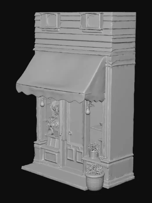 3D model for Single charming Main Street shop building inspired by Woodstock Village, Vermont. Clean, well-proportioned geometry with clear architectural detail. One standalone structure with a nice transparent glass vitrine storefront, striped fabric awning, and classic New England character — wood or brick exterior, subtle vintage trim. The building is empty inside, no signage, no people, no interior objects, with floor inside. Neutral lighting, centered composition, optimized for 3D asset creation, realistic but clean topology.