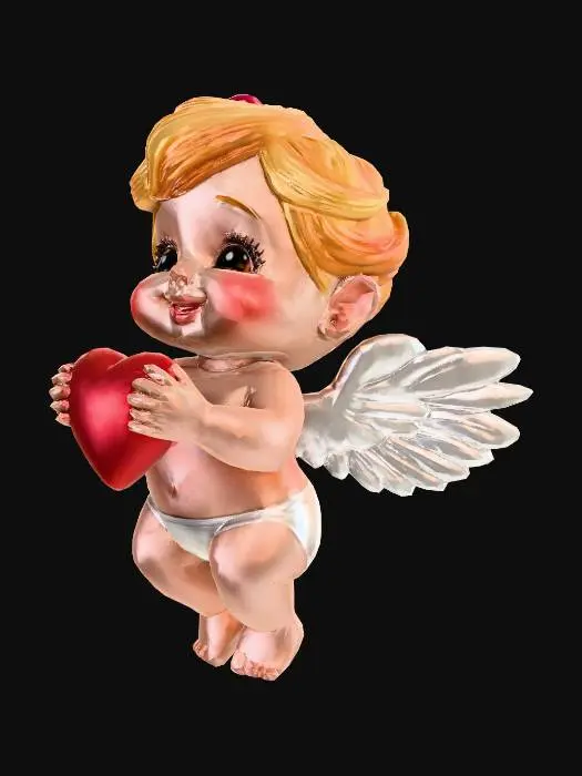 3D model for Cute Valentine’s cherub designed as a charming 3D asset. Adorable baby angel with chubby proportions, sweet smiling face, and big expressive eyes. Soft pastel color palette (pink, cream, blush, light gold). Small feathered wings with fluffy texture, holding a heart or bow and arrow symbolizing love. Gentle, romantic pose floating or standing. Stylized, Pixar-inspired cute look. Smooth shapes, soft edges, appealing silhouette. High-quality stylized materials, clean geometry, game-ready topology, optimized mesh. 2K textures, clean UVs. Standalone asset, no background.