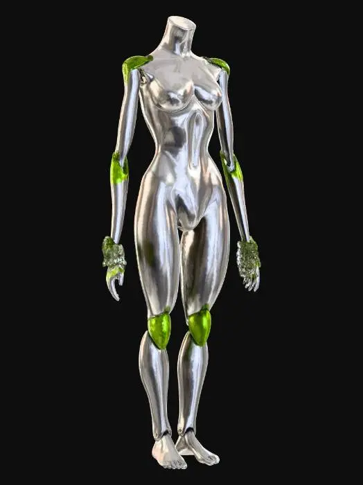3D model for Sci-fi mannequin framed by a heart-shaped structure, designed as a high-quality, game-ready 3D asset. A sleek futuristic human mannequin stands centered inside a large heart-shaped frame that acts as an architectural border. The heart frame is made of clean sci-fi metal or synthetic material, smooth and elegant in silhouette. The mannequin’s surface is matte and technological, partially covered with organic moss and vegetation. Moss grows naturally and irregularly across the arms, torso, and legs, blending technology and nature. High-detail moss with realistic volume, moisture, and color variation in greens, including small plants and micro growth.
Strong contrast between organic and futuristic elements, biotechnological sci-fi aesthetic. Clean topology optimized real-time use, game-ready