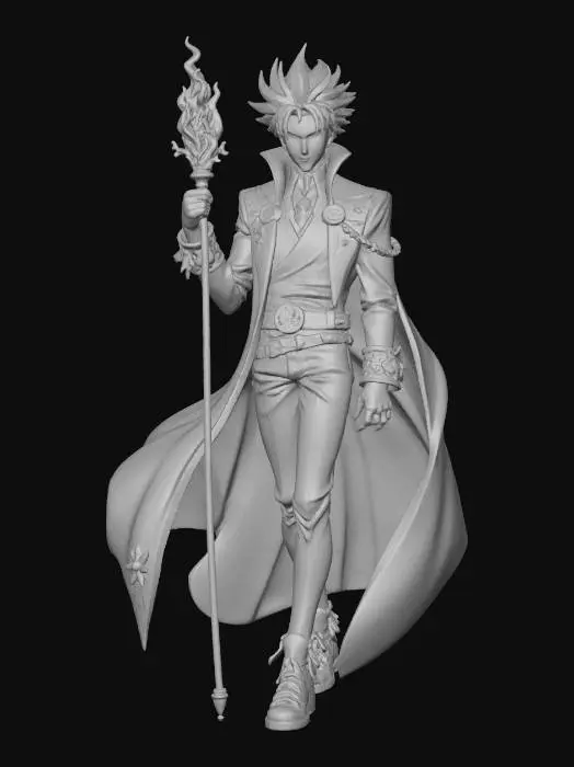 3D model for #Halloween2025#, Anime-style male character, mid-20s, tall lean theatrical build, wild spiky hair in gradient red to orange like flames, bright expressive golden-yellow eyes, pale skin, wearing dramatic flowing red robes with black accents and gold flame embroidery, high collar cape that billows dramatically, black pants, red boots with gold buckles, fingerless black gloves with flame motifs, ornate belt with fire crystal, holding elegant staff with flame at tip (but flames are invisible/grey during color crisis), over-the-top theatrical pose with one hand dramatically on forehead and other gesturing grandly, exaggerated anguished expression, JRPG mage class aesthetic, Tales series meets theatrical performer style, cel-shaded, dramatic lighting with flame effects