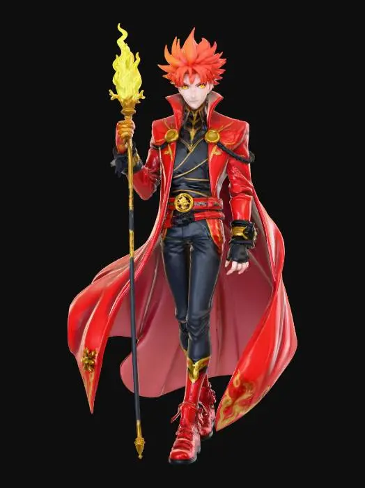 3D model for #Halloween2025#, Anime-style male character, mid-20s, tall lean theatrical build, wild spiky hair in gradient red to orange like flames, bright expressive golden-yellow eyes, pale skin, wearing dramatic flowing red robes with black accents and gold flame embroidery, high collar cape that billows dramatically, black pants, red boots with gold buckles, fingerless black gloves with flame motifs, ornate belt with fire crystal, holding elegant staff with flame at tip (but flames are invisible/grey during color crisis), over-the-top theatrical pose with one hand dramatically on forehead and other gesturing grandly, exaggerated anguished expression, JRPG mage class aesthetic, Tales series meets theatrical performer style, cel-shaded, dramatic lighting with flame effects