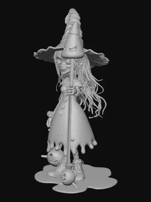 3D model for #Halloween2025#, A whimsical yet sinister candy witch with a dress made of melting lollipops and licorice vines. Sugar skull face paint with crystallized honey dripping. Candy corn staff topped with a jack-o'-lantern. Gingerbread familiar creature perched on shoulder. Cotton candy hair with caramel streaks. Detailed fabric textures, subsurface scattering on candy elements, studio lighting, highly detailed.