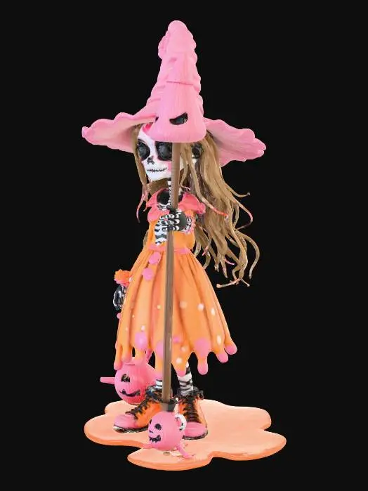 3D model for #Halloween2025#, A whimsical yet sinister candy witch with a dress made of melting lollipops and licorice vines. Sugar skull face paint with crystallized honey dripping. Candy corn staff topped with a jack-o'-lantern. Gingerbread familiar creature perched on shoulder. Cotton candy hair with caramel streaks. Detailed fabric textures, subsurface scattering on candy elements, studio lighting, highly detailed.
