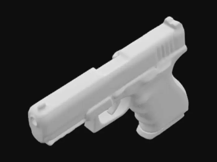 3D model for "A highly detailed 3D mesh model of a realistic handgun for a video game. The pistol should have accurate proportions, resembling a Glock or Colt 1911. Clean topology, well-optimized, and game-ready. Realistic metal and polymer textures with subtle scratches and reflections. No extra objects, just the pistol with proper lighting to enhance details."