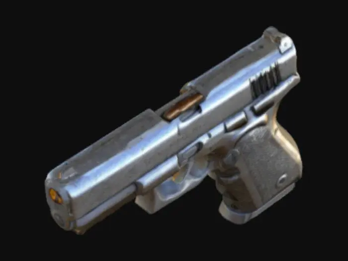 3D model for "A highly detailed 3D mesh model of a realistic handgun for a video game. The pistol should have accurate proportions, resembling a Glock or Colt 1911. Clean topology, well-optimized, and game-ready. Realistic metal and polymer textures with subtle scratches and reflections. No extra objects, just the pistol with proper lighting to enhance details."