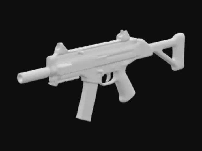 3D model for "A highly detailed 3D mesh model of a realistic submachine gun for a video game. The design should resemble an MP5, Uzi, or similar compact SMG. Clean topology, well-optimized, and game-ready. Realistic metal and polymer textures with subtle scratches and reflections. No extra objects, just the SMG with proper lighting to enhance details."
