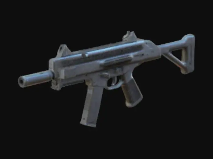 3D model for "A highly detailed 3D mesh model of a realistic submachine gun for a video game. The design should resemble an MP5, Uzi, or similar compact SMG. Clean topology, well-optimized, and game-ready. Realistic metal and polymer textures with subtle scratches and reflections. No extra objects, just the SMG with proper lighting to enhance details."