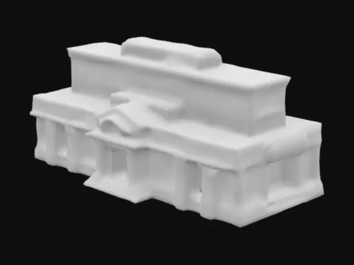 3D model for "Muro largo de un templo inca, construido con grandes bloques de piedra finamente tallados y ensamblados sin mortero. La pared presenta un diseño trapezoidal con ligera inclinación hacia adentro, característico de la arquitectura inca. Nichos rectangulares simétricos están tallados en la superficie, y algunas secciones muestran doble jamba, indicando un espacio sagrado. Los bloques encajan perfectamente, con detalles de erosión y musgo creciendo en las uniones, reflejando el paso del tiempo."