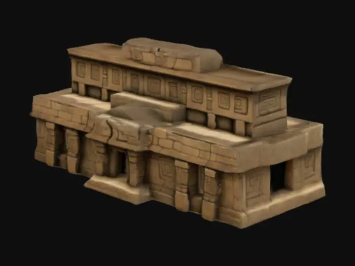 3D model for "Muro largo de un templo inca, construido con grandes bloques de piedra finamente tallados y ensamblados sin mortero. La pared presenta un diseño trapezoidal con ligera inclinación hacia adentro, característico de la arquitectura inca. Nichos rectangulares simétricos están tallados en la superficie, y algunas secciones muestran doble jamba, indicando un espacio sagrado. Los bloques encajan perfectamente, con detalles de erosión y musgo creciendo en las uniones, reflejando el paso del tiempo."