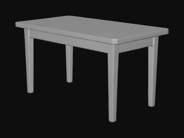 3D model for "A simple wooden table, isolated on a clean white background. Realistic wood texture with visible grain and subtle imperfections. Rectangular top with slightly rounded edges, supported by four sturdy wooden legs. Clean, symmetrical structure, sharp edges, neutral lighting, no props or decorations. High-clarity realism ideal for 3D modeling reference."