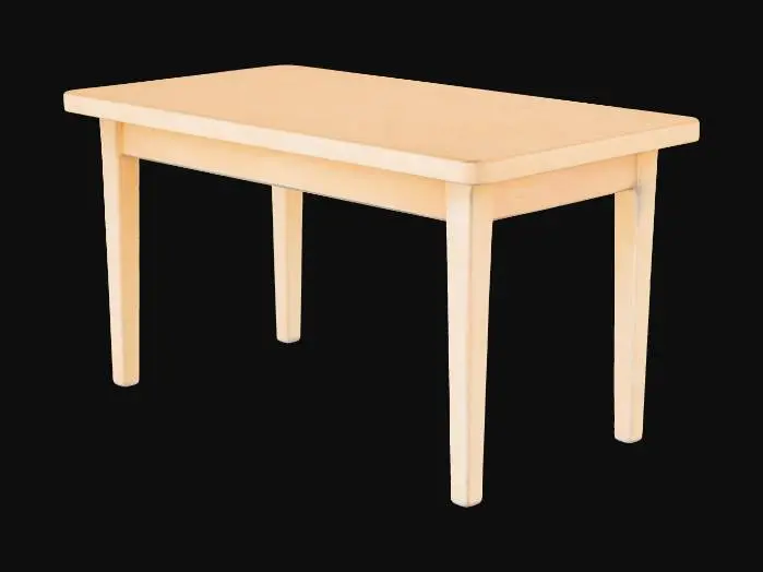 3D model for "A simple wooden table, isolated on a clean white background. Realistic wood texture with visible grain and subtle imperfections. Rectangular top with slightly rounded edges, supported by four sturdy wooden legs. Clean, symmetrical structure, sharp edges, neutral lighting, no props or decorations. High-clarity realism ideal for 3D modeling reference."