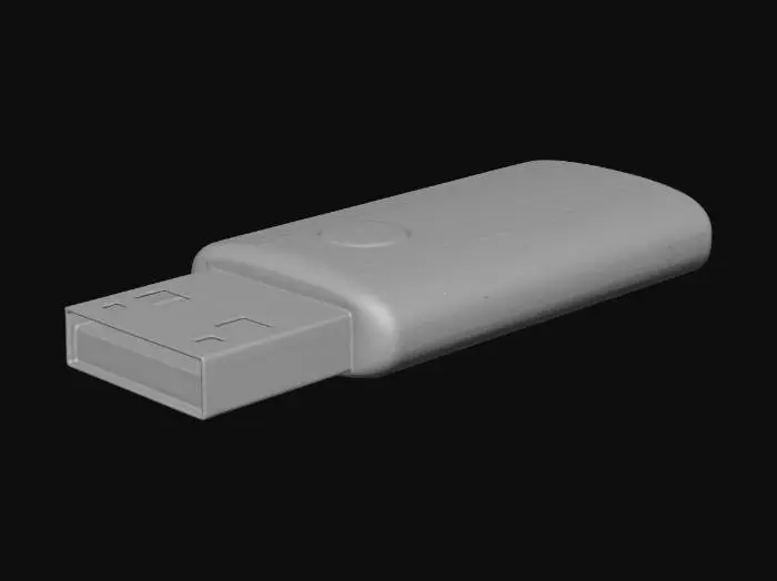3D model for "A realistic USB flash drive isolated on a clean white background. Sleek metallic body with a polished finish, subtle reflections, and smooth edges. The USB connector is partially extended, with accurate port details. Modern, minimalist, and visually appealing design with a small LED indicator. Sharp clarity, neutral lighting, no props. High-detail realism ideal as a 3D modeling reference for a video game item."