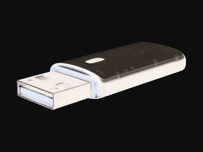 3D model for "A realistic USB flash drive isolated on a clean white background. Sleek metallic body with a polished finish, subtle reflections, and smooth edges. The USB connector is partially extended, with accurate port details. Modern, minimalist, and visually appealing design with a small LED indicator. Sharp clarity, neutral lighting, no props. High-detail realism ideal as a 3D modeling reference for a video game item."