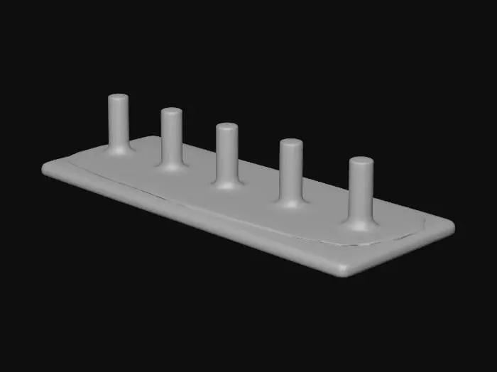 3D model for "A front-view wooden wall-mounted coat rack isolated on a clean white background. Rustic rectangular wooden board with visible grain and subtle wear. Several evenly spaced rounded wooden pegs aligned in a row for hanging clothes. Neutral soft lighting, sharp edges, no props or decorations. High-clarity realism ideal for 3D modeling reference."