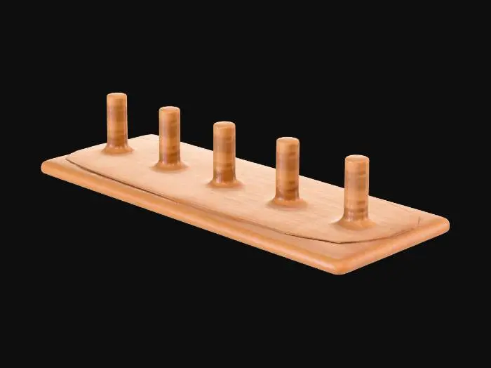 3D model for "A front-view wooden wall-mounted coat rack isolated on a clean white background. Rustic rectangular wooden board with visible grain and subtle wear. Several evenly spaced rounded wooden pegs aligned in a row for hanging clothes. Neutral soft lighting, sharp edges, no props or decorations. High-clarity realism ideal for 3D modeling reference."
