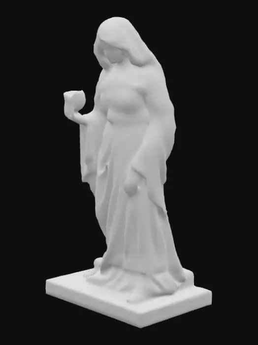 3D model for Una estatua de piedra de una viuda de tamaño real en un cementerio antiguo. Viste un vestido largo y detallado con pliegues realistas, cubierto parcialmente por musgo y grietas del tiempo. Su rostro refleja tristeza, con la mirada baja y una mano apoyada en una lápida desgastada. En la otra mano sostiene una rosa marchita. Su velo de encaje cae sobre sus hombros, parcialmente roto. La base de la estatua está rodeada de hojas secas y pequeñas grietas en la piedra.