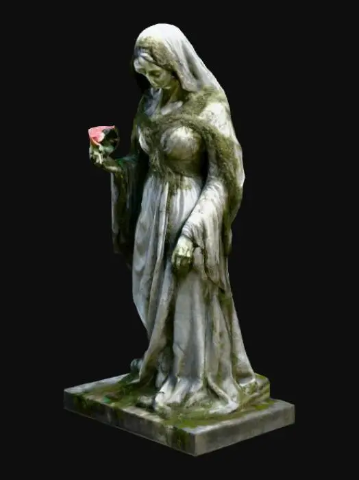 3D model for Una estatua de piedra de una viuda de tamaño real en un cementerio antiguo. Viste un vestido largo y detallado con pliegues realistas, cubierto parcialmente por musgo y grietas del tiempo. Su rostro refleja tristeza, con la mirada baja y una mano apoyada en una lápida desgastada. En la otra mano sostiene una rosa marchita. Su velo de encaje cae sobre sus hombros, parcialmente roto. La base de la estatua está rodeada de hojas secas y pequeñas grietas en la piedra.