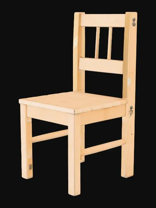 3D model for "A simple wooden chair isolated on a clean white background. Realistic wood texture with visible grain, smooth polished surface, and subtle imperfections. Four sturdy legs, a basic rectangular seat, and a vertical slatted backrest. Symmetrical design, sharp edges, balanced proportions, neutral lighting, no props or shadows. High-clarity realism ideal for 3D modeling reference."