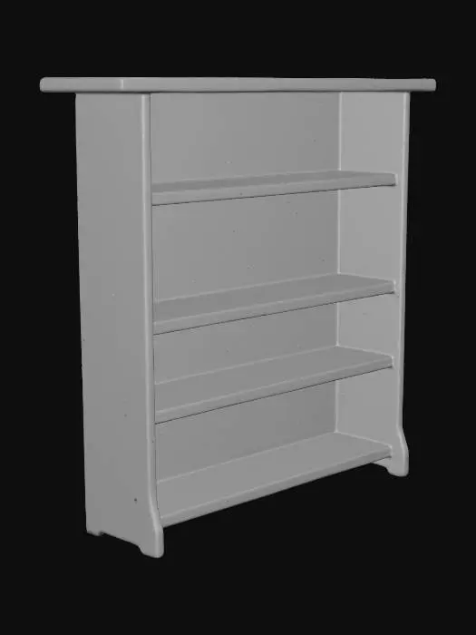 3D model for "A simple empty wooden shelf unit isolated on a clean white background. Made of rustic wooden planks with visible grain, subtle imperfections, and natural texture. Three to four shelves supported by vertical wooden beams. Clean, symmetrical structure, neutral lighting, sharp edges, no decorations or props. High-clarity realism ideal for 3D modeling reference."