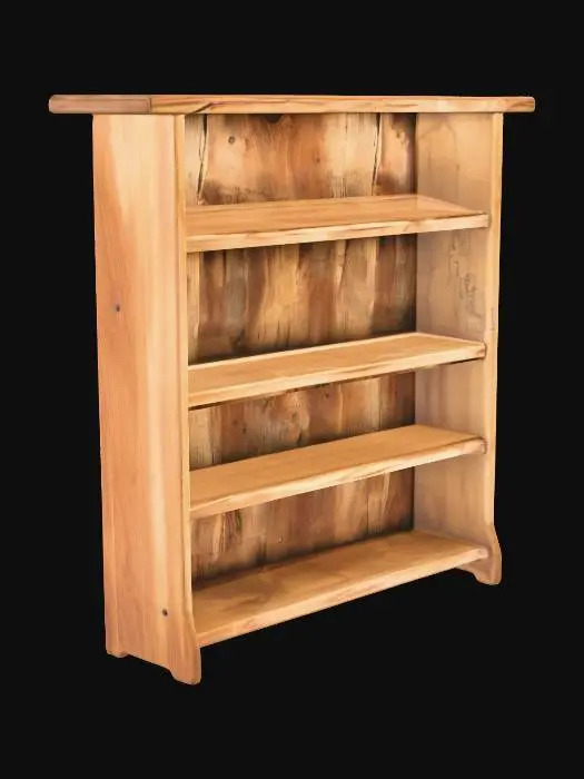 3D model for "A simple empty wooden shelf unit isolated on a clean white background. Made of rustic wooden planks with visible grain, subtle imperfections, and natural texture. Three to four shelves supported by vertical wooden beams. Clean, symmetrical structure, neutral lighting, sharp edges, no decorations or props. High-clarity realism ideal for 3D modeling reference."