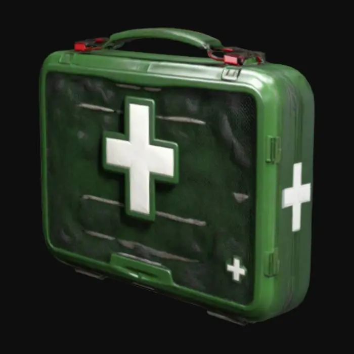 3D model for "A highly detailed 3D mesh model of a first aid kit for a video game. The design should be a compact, sturdy box with a red or green color scheme, featuring a bold white cross symbol. Optimized topology for gameplay, with realistic plastic or metal textures, subtle scratches, and lighting that enhances details. No extra objects, just the medkit."