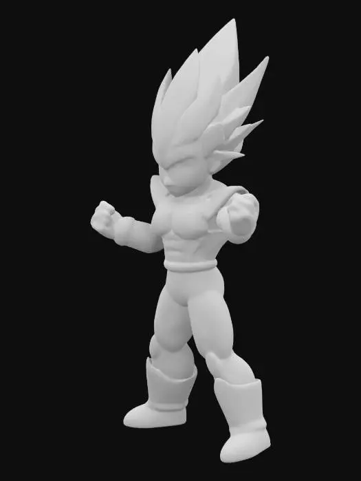 3D model for A 3D model of Vegeta-inspired character with a muscular build, spiky upward hair, and a confident pose. Wearing a futuristic battle armor with shoulder pads, a blue bodysuit underneath, and white boots with gold accents. Stylized in a semi-realistic cartoon design with detailed hand-painted textures. The expression is intense, showcasing a smirk and piercing eyes. High-detail model optimized for game engines or 3D printing