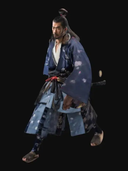 3D model for Samurai Male where a japanese garments long hair and facial hair
