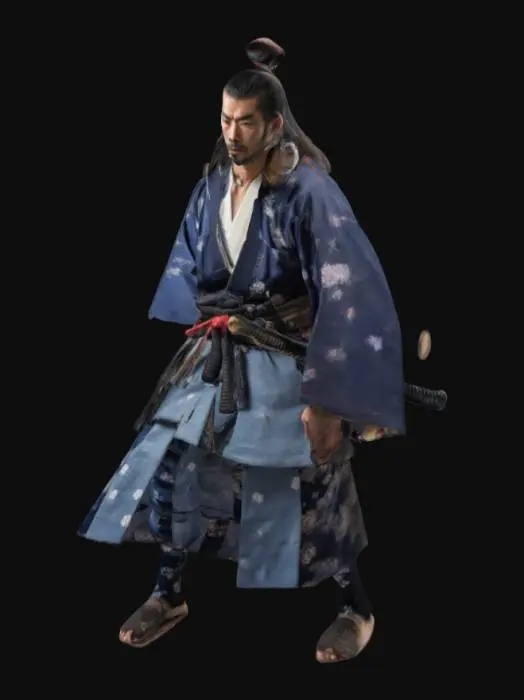 3D model for Samurai Male where a japanese garments long hair and facial hair
