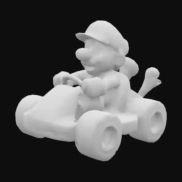 3D model for "Crée une voiture dans le style de Mario Kart, comme celle de Mario, avec Mario dedans."